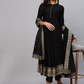 Women Black Solid Anarkali Kurta with Trousers & With Dupatta