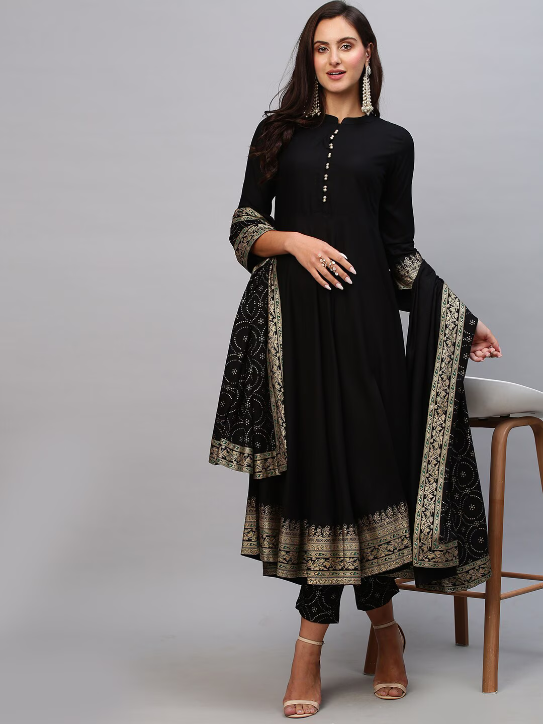 Women Black Solid Anarkali Kurta with Trousers & With Dupatta