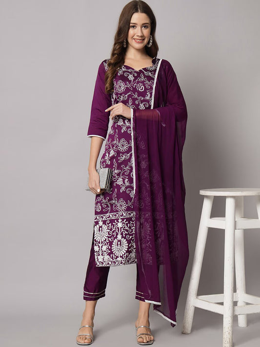 Floral Embroidered Kurta with Trousers & With Dupatta