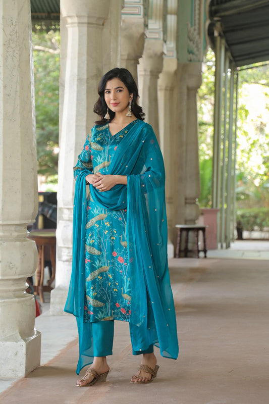 Women Blue Cotton Blend Kurta Pant Dupatta Set