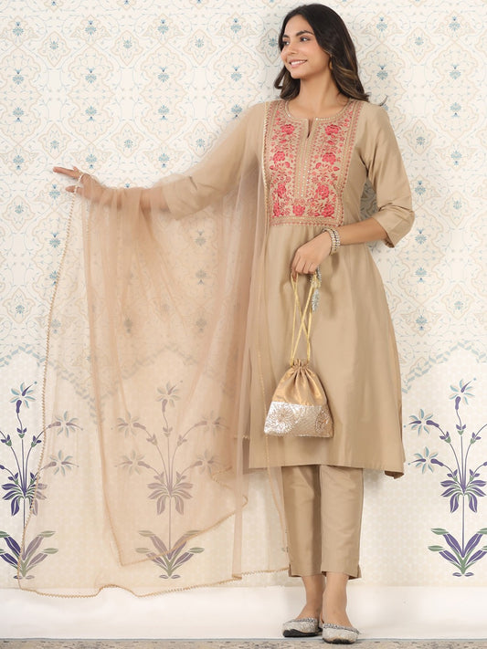 Embroidered Gota Patti A-Line Kurta with Trousers and Dupatta