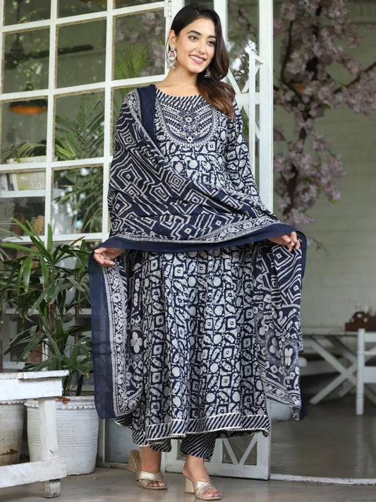 Floral Printed Mirror Work Anarkali Kurta With Trousers & Dupatta