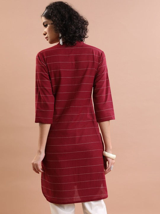 Striped Mandarin Collar Pure Cotton Tunic