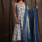 White & Blue Floral Printed Pure Cotton Kurta With Trousers