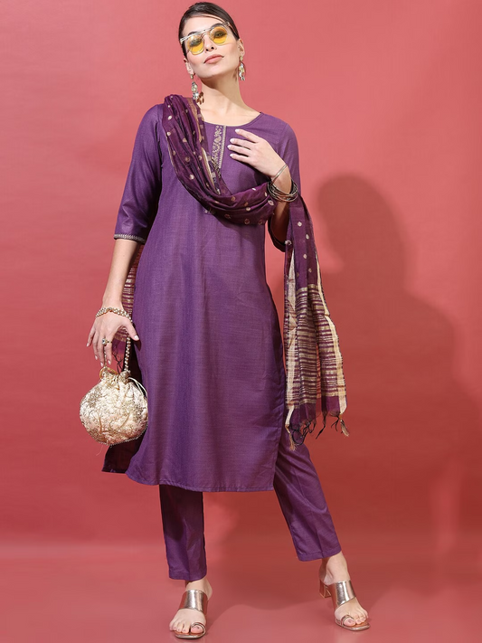 Women Purple Ethnic Straight Kurta with Trousers & With Dupatta