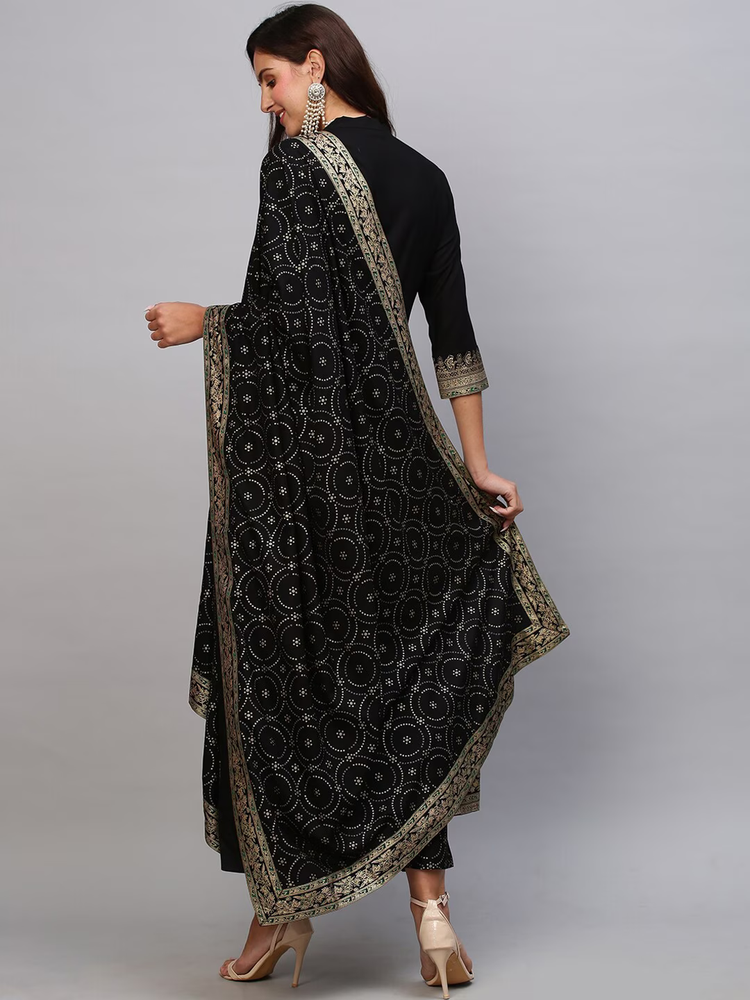 Women Black Solid Anarkali Kurta with Trousers & With Dupatta