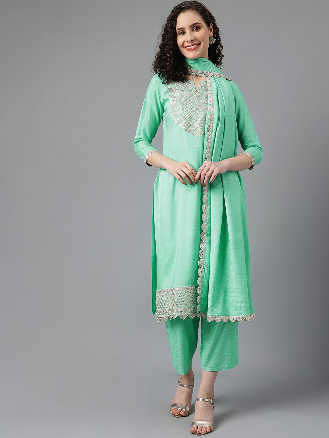 Ethnic Motifs Yoke Design Sequined Zari Kurta with Palazzos & Dupatta