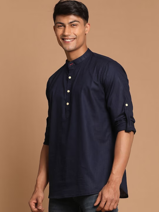 Men Band Collar Roll-Up Sleeves Kurta