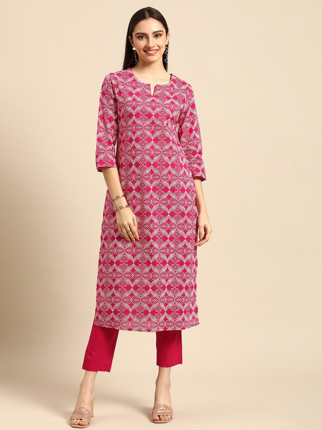 Women Pink Bandhani Printed Pure Cotton Kurta with Trousers