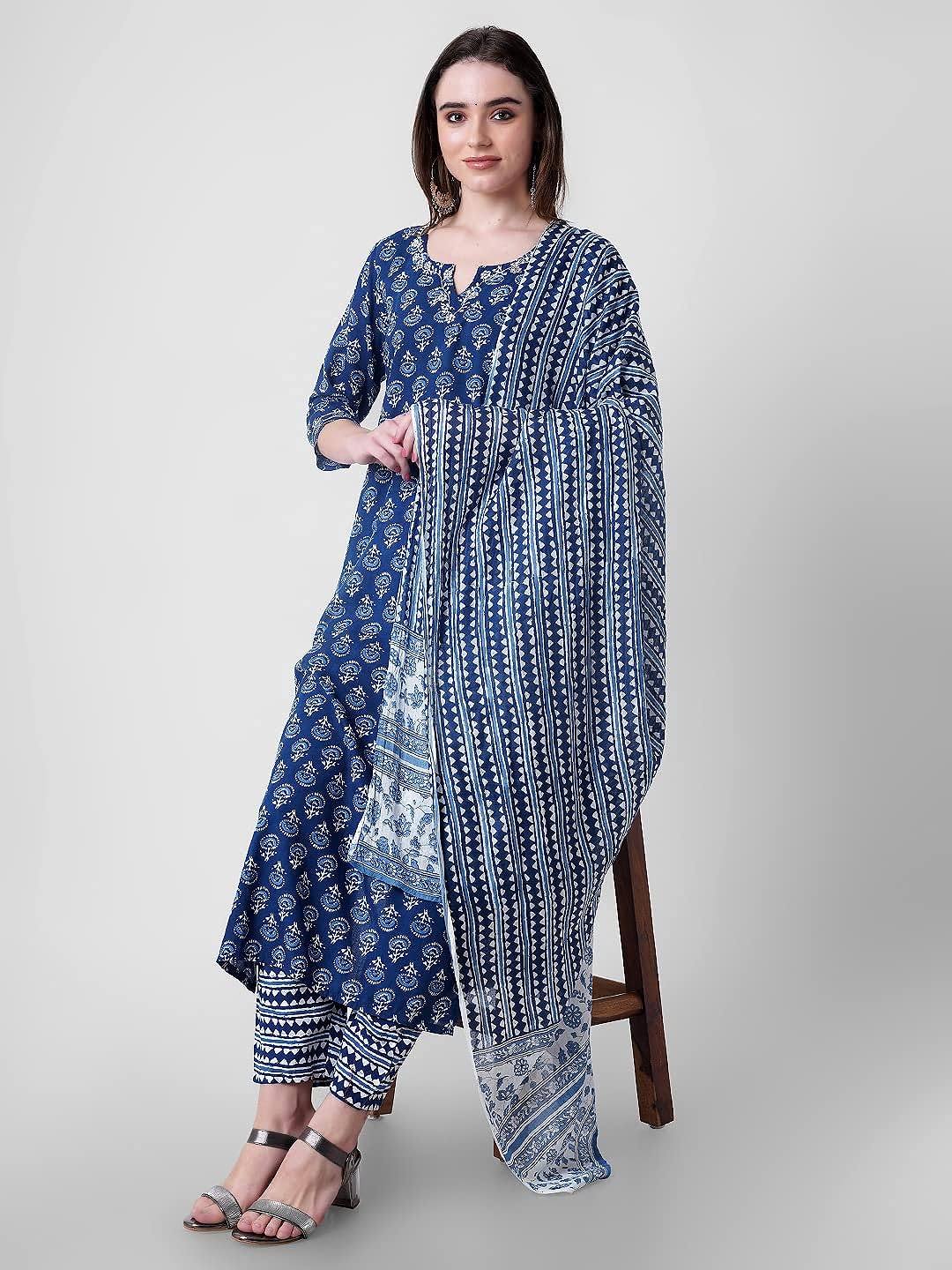 Women's Rayon Printed Blue Sraight Kurta with Pants and Dupatta Set