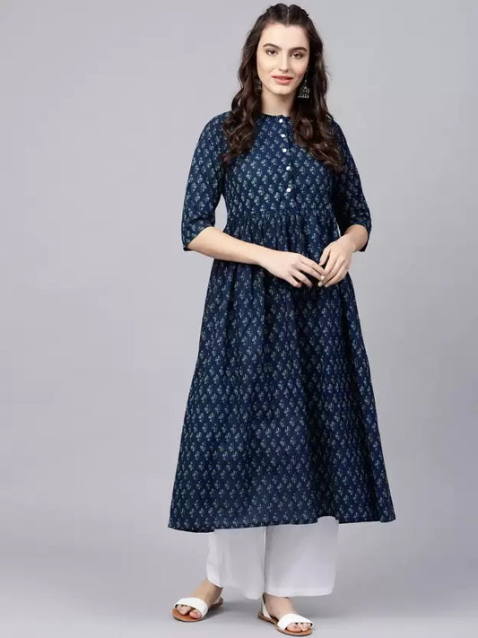 Women Blue Cotton Blend Kurta and Palazzo Set