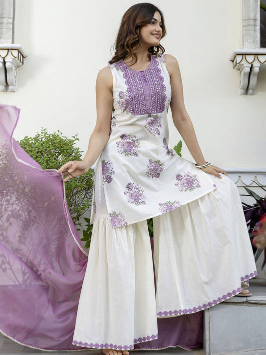 Women Floral Printed Regular Aari Work Pure Cotton Kurta with Sharara & With Dupatta