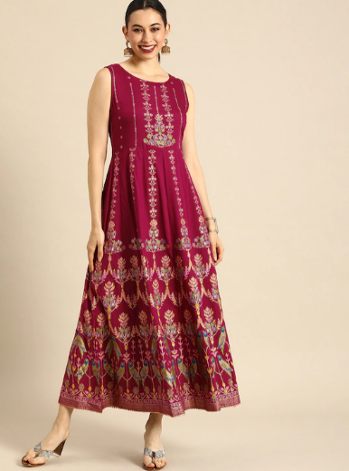 Burgundy & Golden Ethnic Motifs Ethnic Maxi Dress