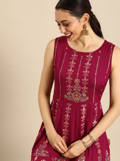 Burgundy & Golden Ethnic Motifs Ethnic Maxi Dress