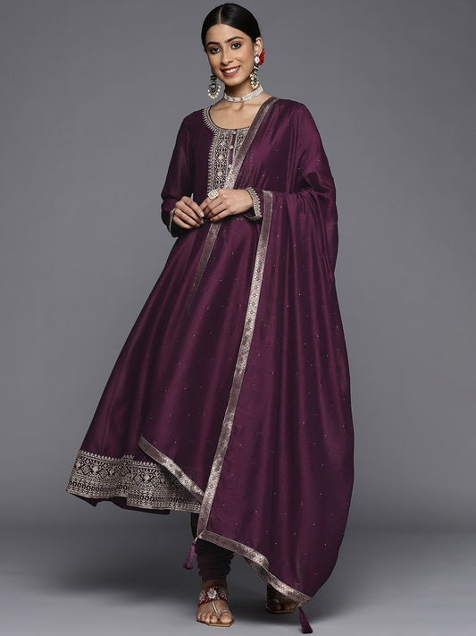 Women Burgundy Floral Motifs Embroidered Sequinned Kurta with Churidar & Dupatta