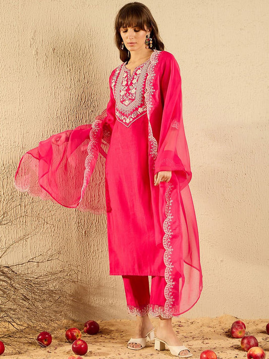 Women Floral Embroidered Regular Thread Work Liva Kurta with Trousers & With Dupatta