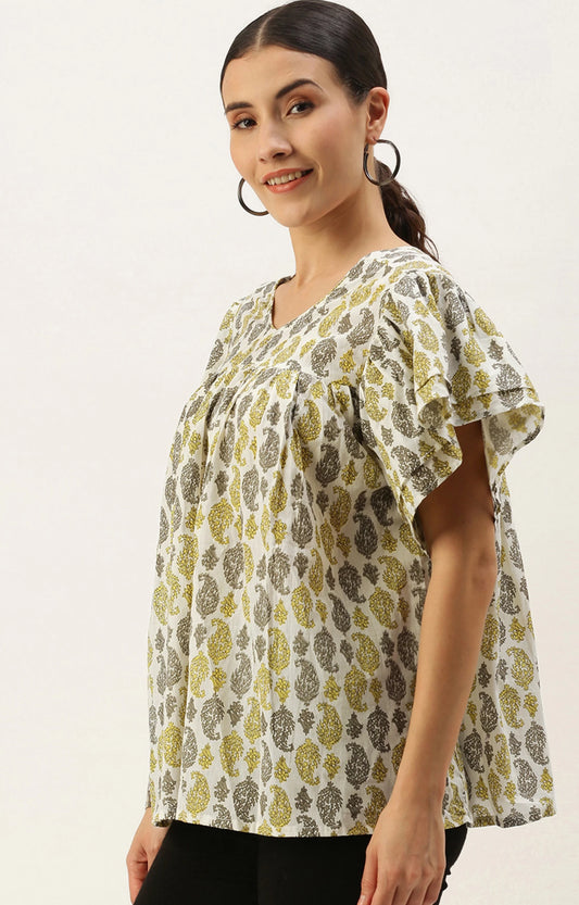 Casual Regular Sleeves Printed Women White-Yellow-Grey Top