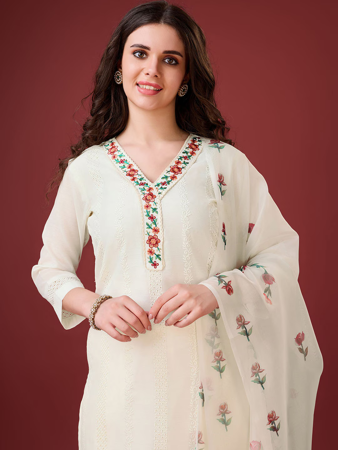 Floral Yoke Design Regular Schiffli Chikankari Kurta With Trousers & Dupatta