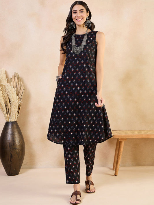 Ethnic Motifs Printed Round Neck Regular Pure Cotton A-Line Kurta With Trousers
