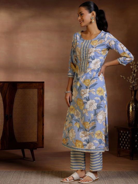 Floral Printed Gotta Patti Pure Cotton Straight Kurta With Trousers