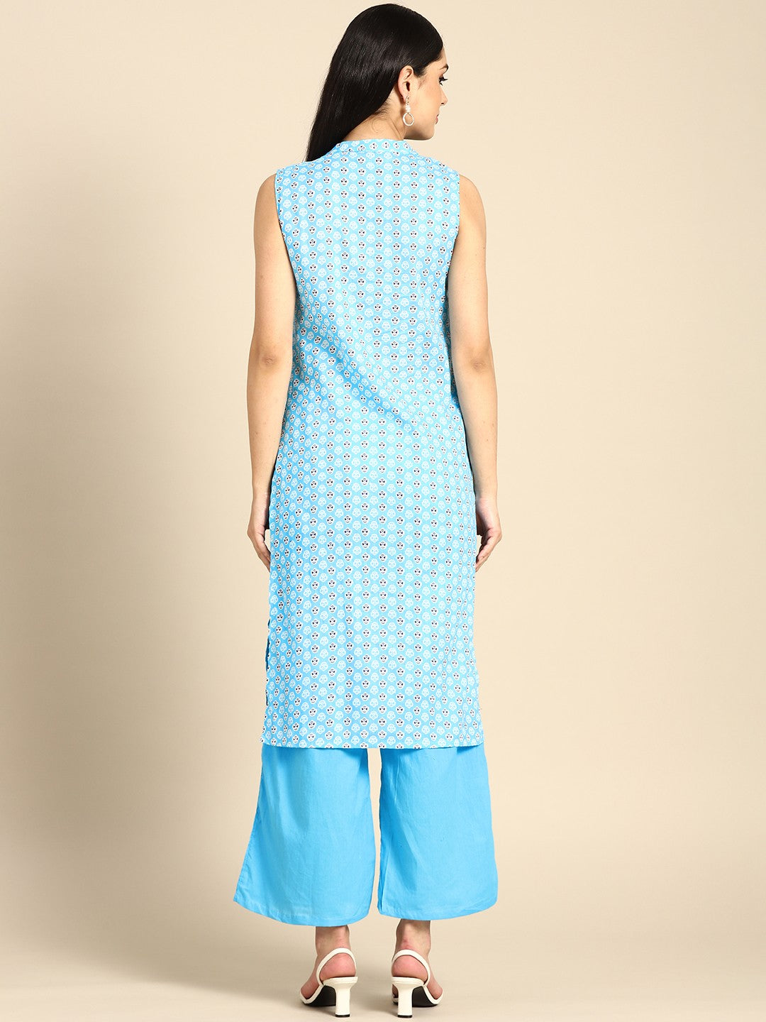 Women Turquoise Blue Pure Cotton Printed Regular Kurta with Trousers