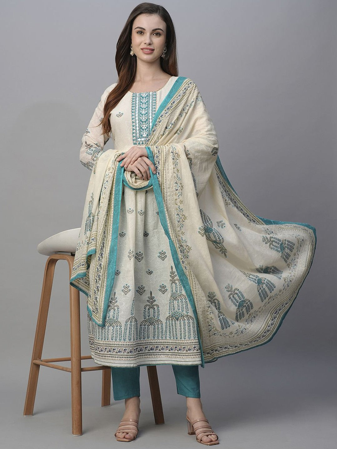 Women Ethnic Motifs Printed Angrakha Thread Work Pure Cotton Kurta with Trousers & With Dupatta