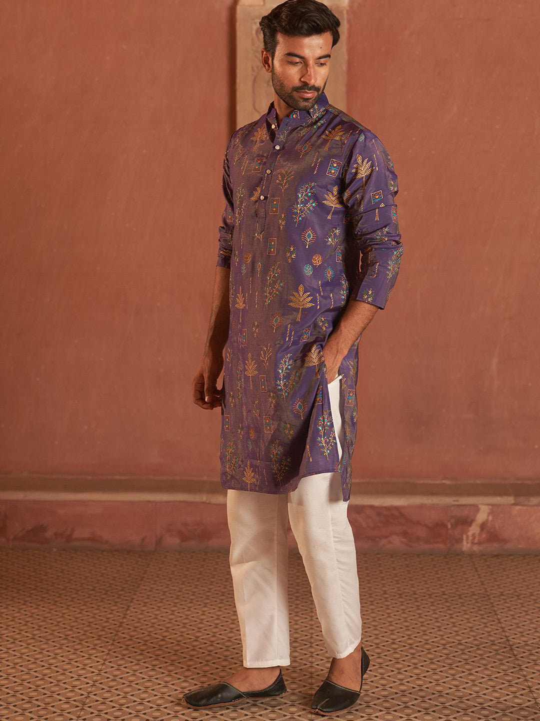 Men Floral Printed Solid Regular Knee Length Kurta with Pyjamas