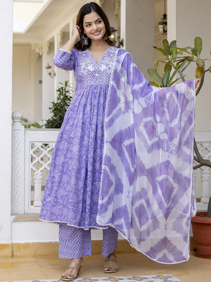 Floral Embroidered Sequinned Empire A-Line Pure Cotton Kurta With Trousers & Dupatta