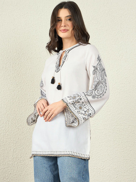 Ethnic Motifs Embroidered Thread Work Chanderi Silk Thread Work Kurti