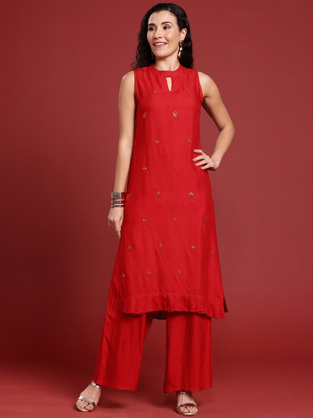 Floral Embroidered Keyhole Neck Sequinned Kurta with Palazzos