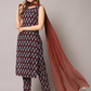 Floral Printed Round Neck Gotta Patti Straight Kurta With Trousers & Dupatta