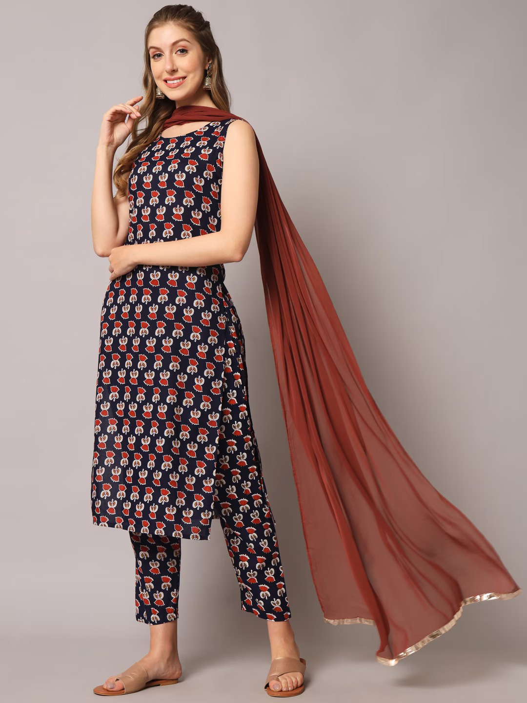 Floral Printed Round Neck Gotta Patti Straight Kurta With Trousers & Dupatta