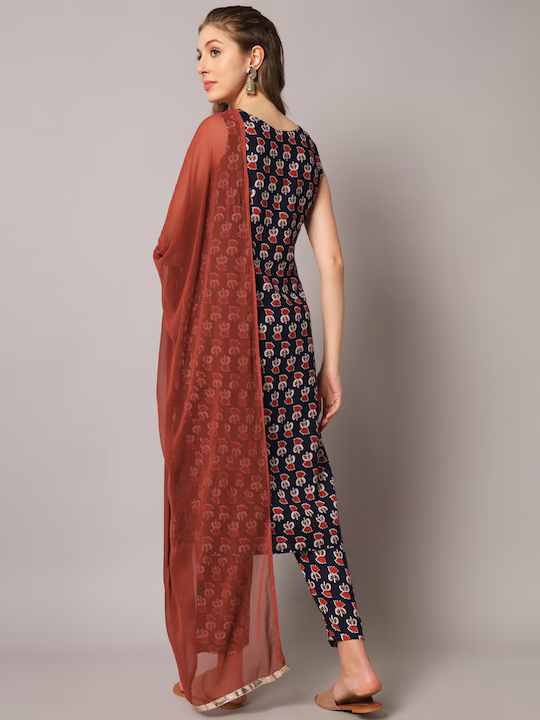 Floral Printed Round Neck Gotta Patti Straight Kurta With Trousers & Dupatta