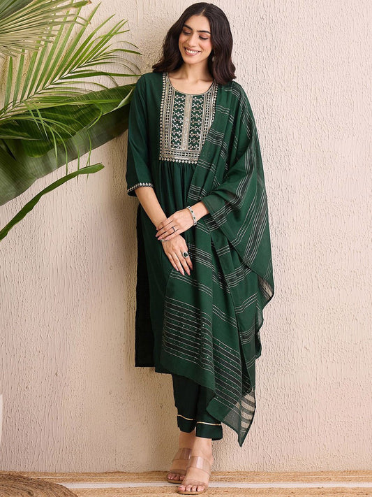 Women Embroidered Empire Sequinned Kurta with Trousers & With Dupatta