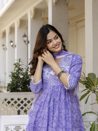 Floral Embroidered Sequinned Empire A-Line Pure Cotton Kurta With Trousers & Dupatta