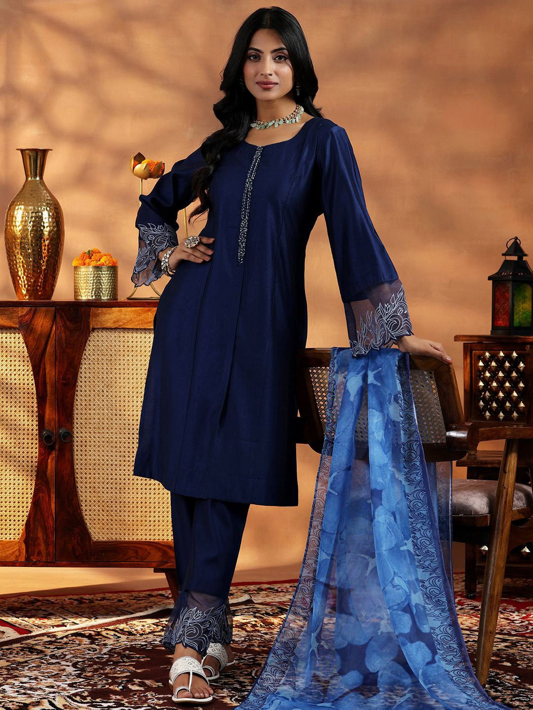 Women Yoke Design Panelled Beads and Stones Kurta with Trousers & With Dupatta