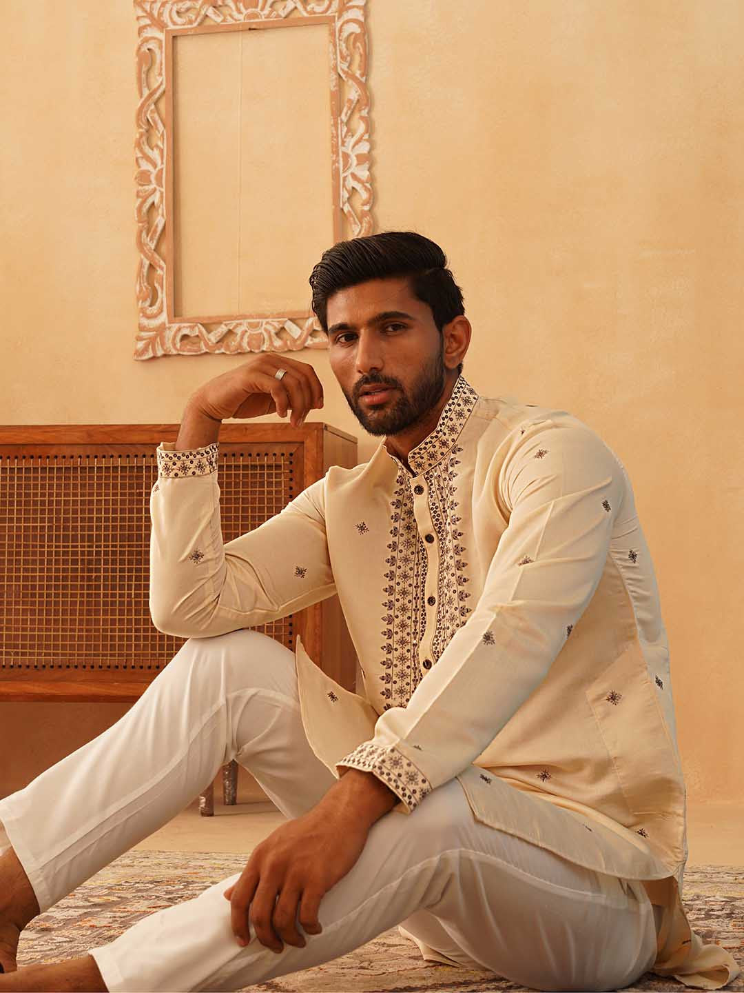 Men Embroidered Sequin Straight Kurta with Pyjamas
