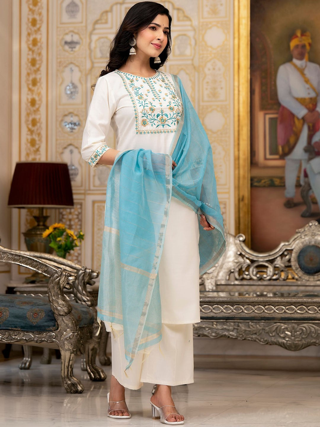 Ethnic Motifs Yoke Design Straight Thread Work Kurta with Palazzos & Dupatta