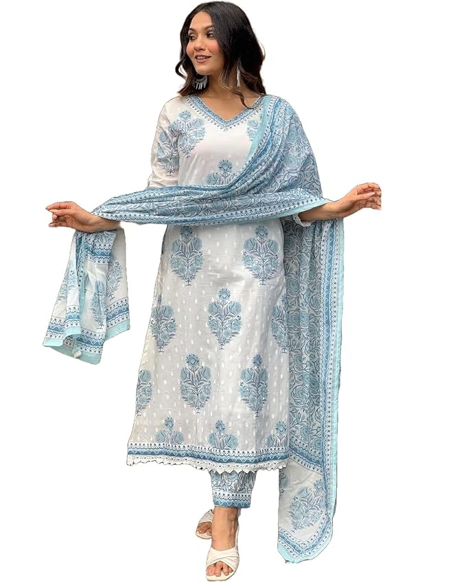 Women Cotton Block Printed Kurta Pant With Dupatta