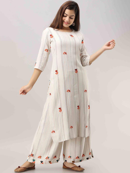 Women White Embroidered Thread Work Kurta with Palazzo