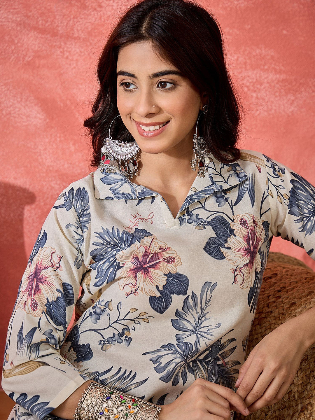Floral Printed Shirt Collar Straight Kurta With Salwar - Amy's Cart