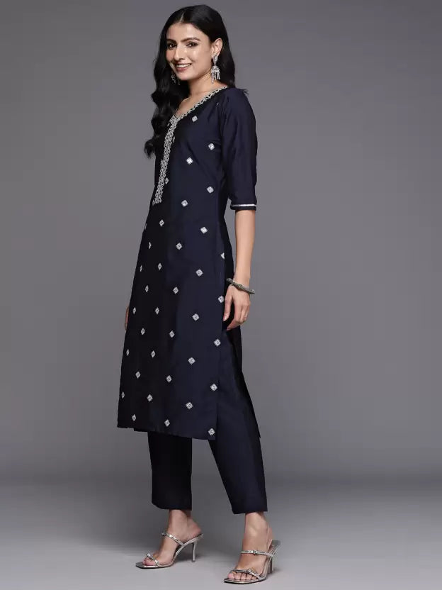 Women Blue Silk Blend Kurta Trouser Dupatta Set Special price