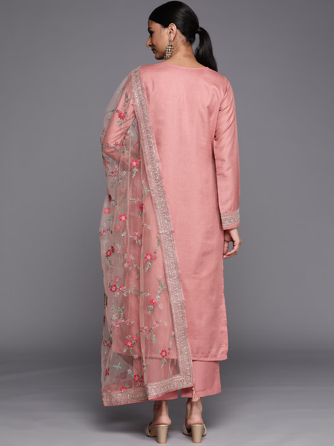 Women Peach-Coloured Floral Kurta with Trousers & Dupatta