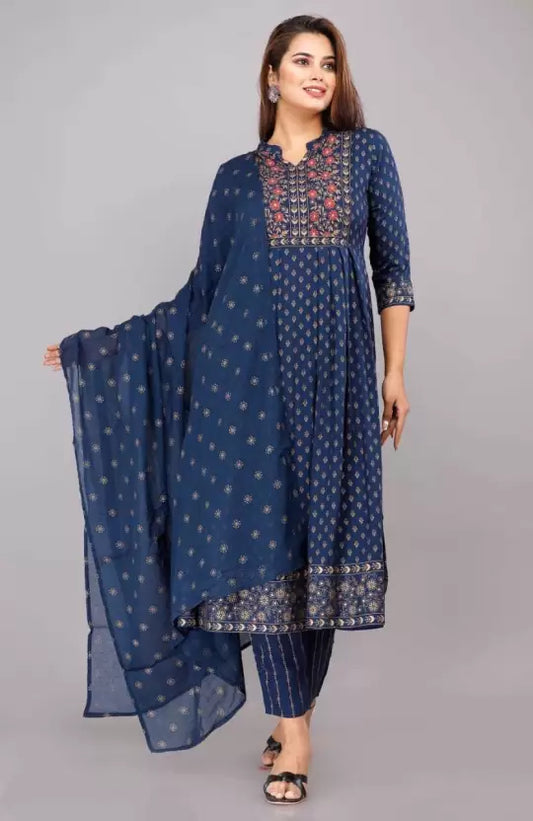 Women Blue Floral Viscose Rayon Kurta, Pant And Dupatta Set