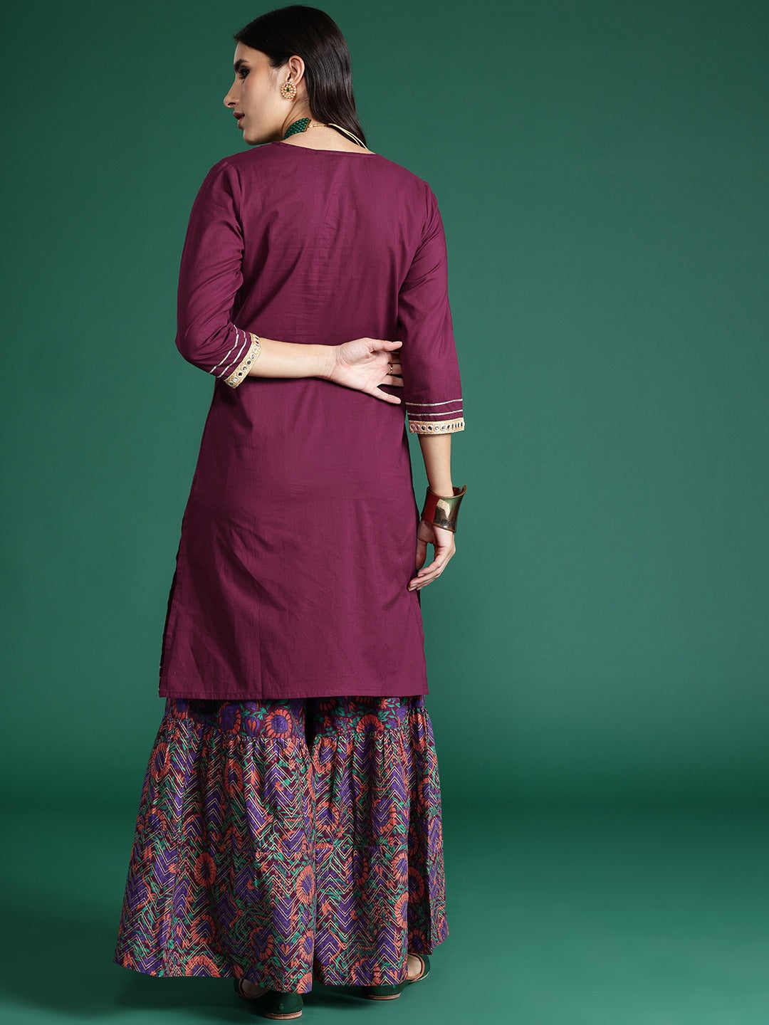 Floral Print Gotta-Patti Detailed Pure Cotton Kurta and Sharara Set