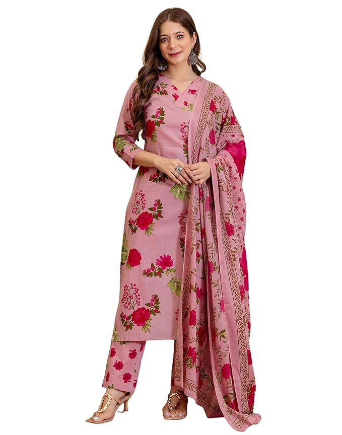 Women's Cotton Floral Printed Straight Kurta with Pant & Dupatta