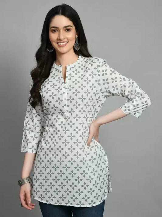 Casual Roll Up Sleeves Printed Women White, Grey Top