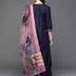 Women Navy Blue Cotton Blend Kurta Palazzo Dupatta Set