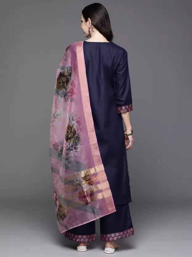 Women Navy Blue Cotton Blend Kurta Palazzo Dupatta Set