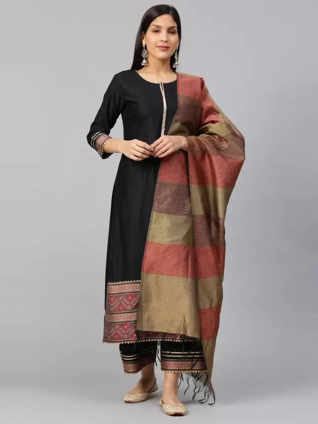 Women Black Cotton Silk Kurta Palazzo Dupatta Set